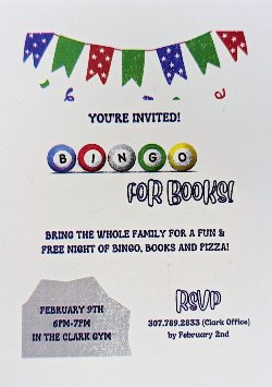 Clark families are invited to attend our PTA Bingo for Books Night.  Pizza will be provided, so please be sure to RSVP by February 2nd.  RSVP by calling 307-789-2833